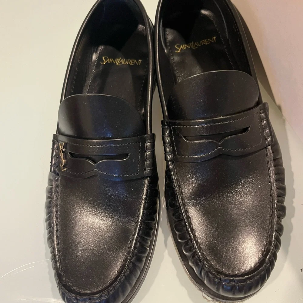 Saint Laurent Black Leather Penny Loafers with Gold Logo - Picture 9 of 10